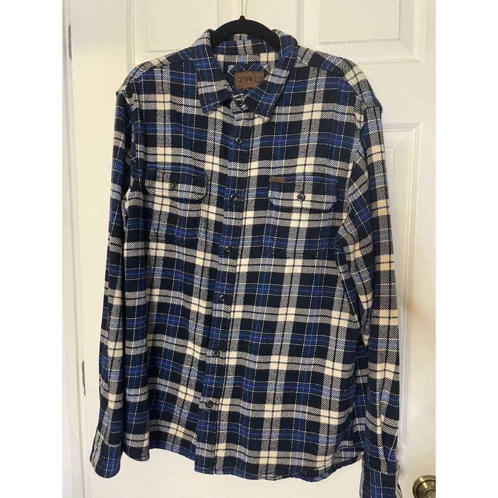 Orvis Mens Size Large Heavy Weight Blue Black Plaid Long Sleeved Button Up Shirt